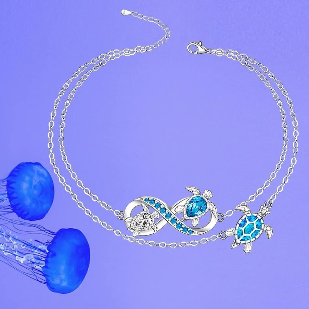 Sterling Silver Sea Turtle Anklet Blue Opal Beach Jewelry for Women - Picture 6 of 9